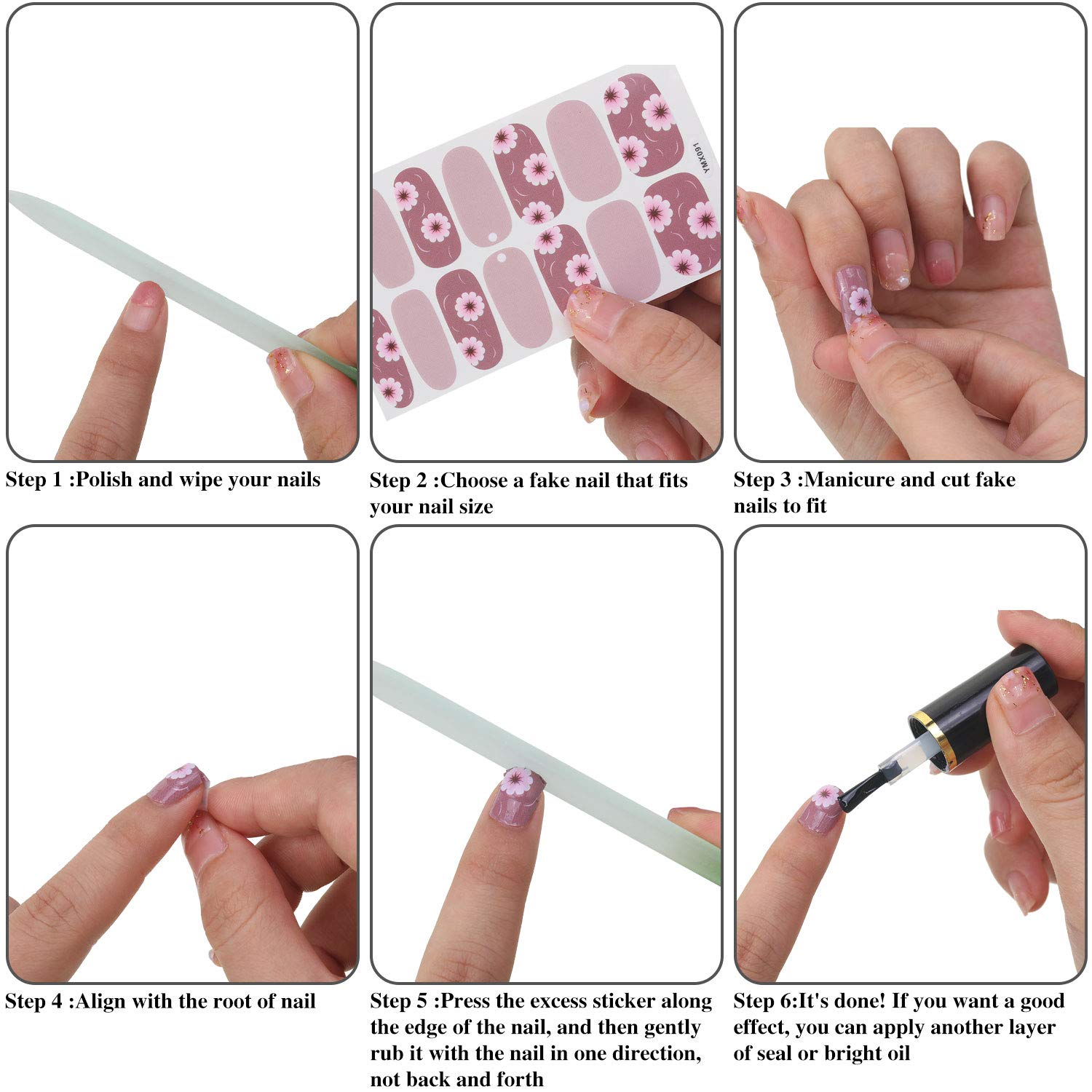 Maitys 224 Pieces 16 Sheets Full Nail Wraps Polish Stripes Nail Art Polish Stickers Self-Adhesive Decals with File Manicure Kit for Women DIY Art(Fresh Floral Series) - Image 4