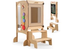 JUZBOT Toddler Tower Foldable Toddler Kitchen Stool Helper with 2 Step Stool, Safety Net, Adjustable Height, Chalk-Whiteboard& Montessori Activity