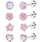 Enticera 4Pairs 14K Gold Stud Earrings for Women Girls 316L Stainless Steel Hypoallergenic Earrings 20G Flat Back Handmade Nap Earrings Cute Screw Back Opal Heart Star Cartilage Earrings
