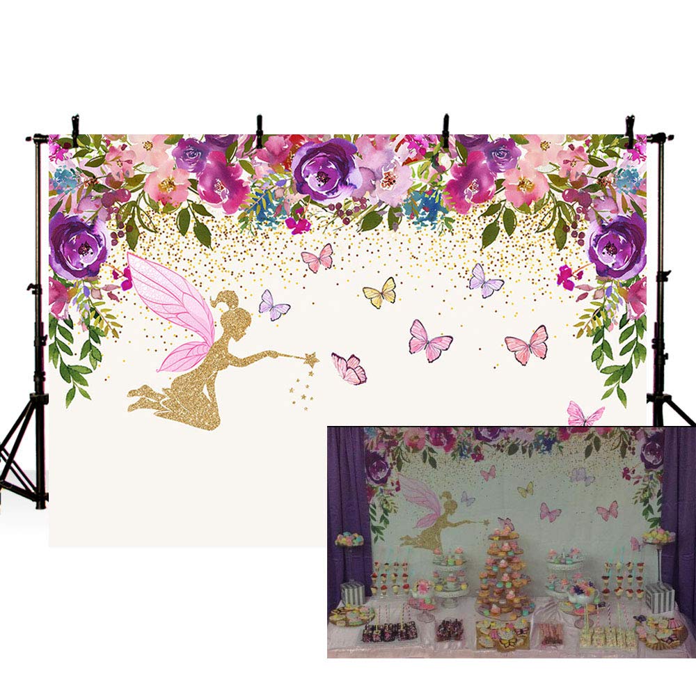 MEHOFOTO Spring Fairy Princess Birthday Party Photo Studio Booth Backgrounds Tinkerbell Pink Purple Flowers Fairy Baby Shower Butterfly Girl Photography Backdrop Banner 7x5ft