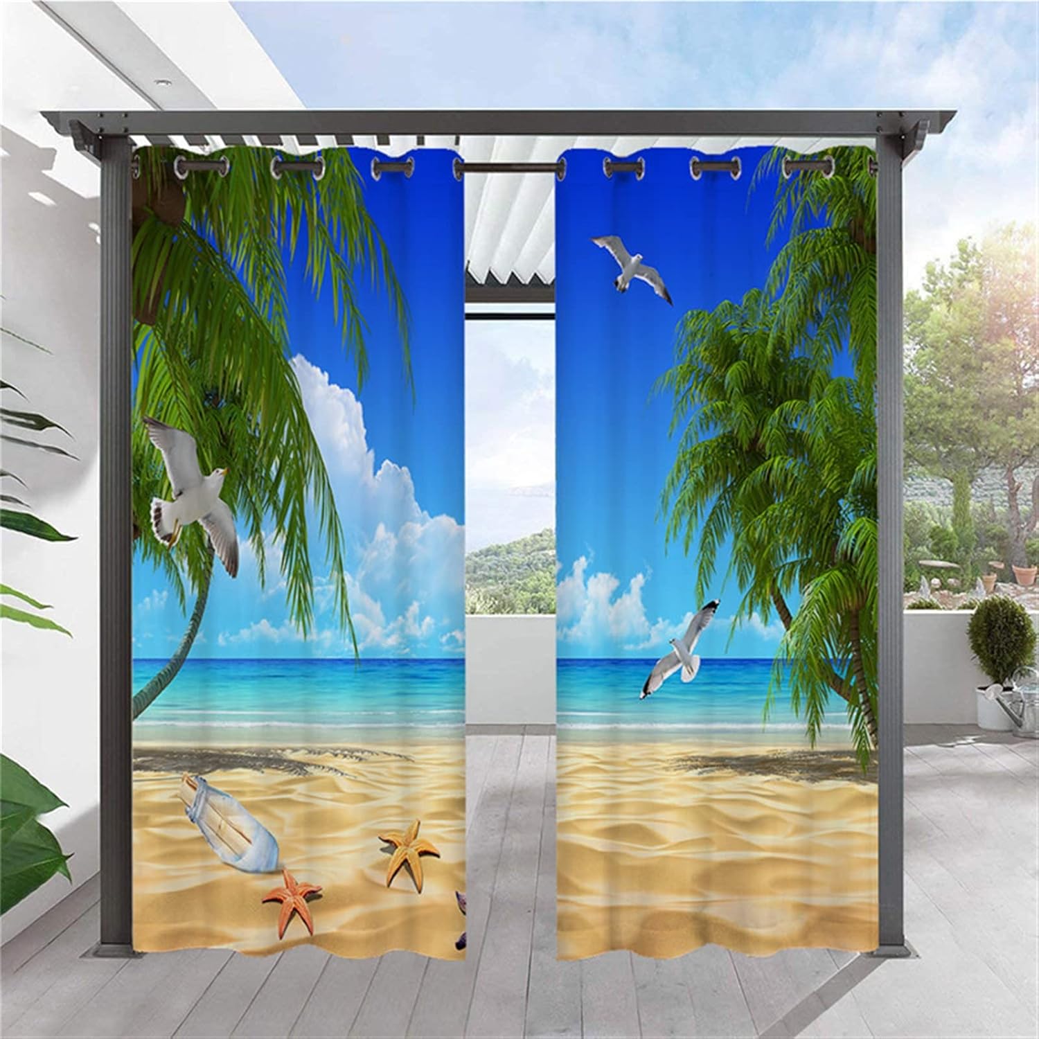 Outdoor Curtains - Heavyoff Outdoor Curtains for Patio Waterproof Outside Light Blocking Thermal Insulated Blackout Curtains with Tropical Beach Ocean Pattern for Gazebo, Pavilion, Cabana, 1 Panel, Style 6, W52 x L108