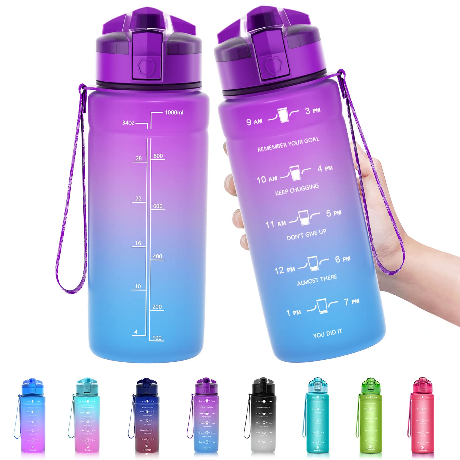 Zounich Sports Water Bottle Kids with Times to Drink Leakproof 1L / 700ml / 500ml 1Litre Drink Bottles BPA Free Motivational Adults, Gym, School, Running, Travel, Girls, Boys Filter Reusable — image 1