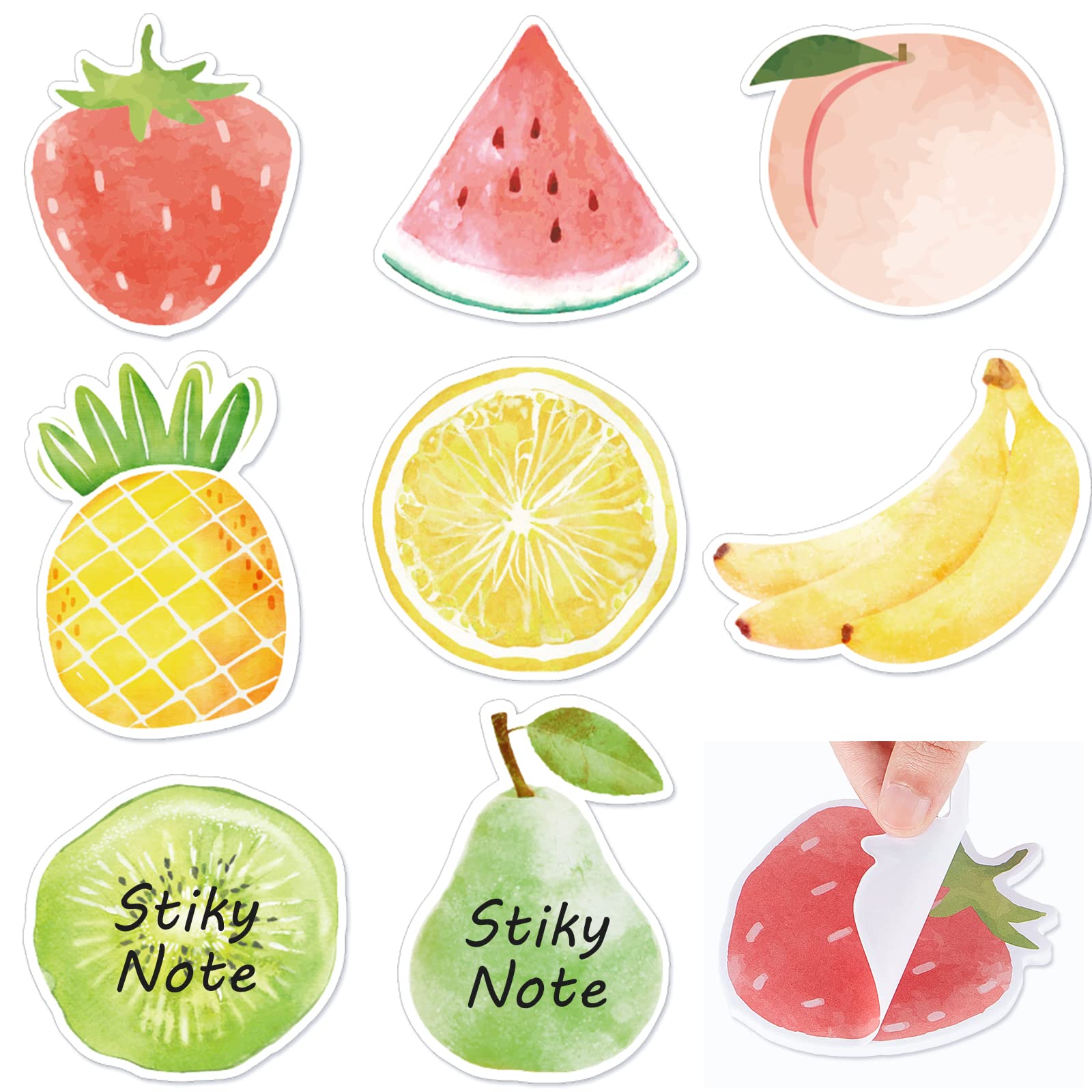 Photo 1 of 8 Packs Fruit Shaped Sticky Notes 3.2 x 3.2 Inch Watercolor Fruit Sticky Cute Summer Self Note Pads Funny Cartoon Memo Pads Self Adhesive Paper for Reminders Studying