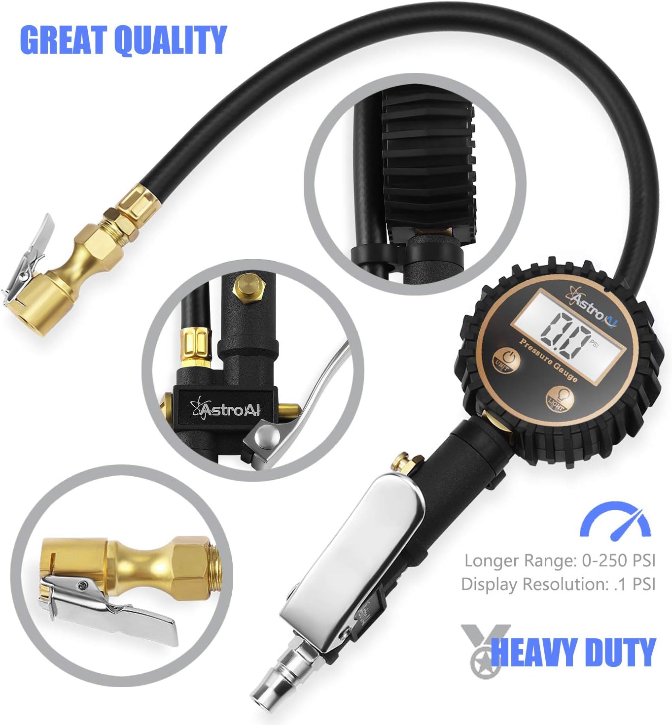 AstroAI ATG250 Digital Tire Inflator with Pressure Gauge, 250 PSI Air Chuck and Compressor Accessories Heavy Duty with Rubber Hose and Quick Connect Coupler for 0.1 Display Resolution: Automotive