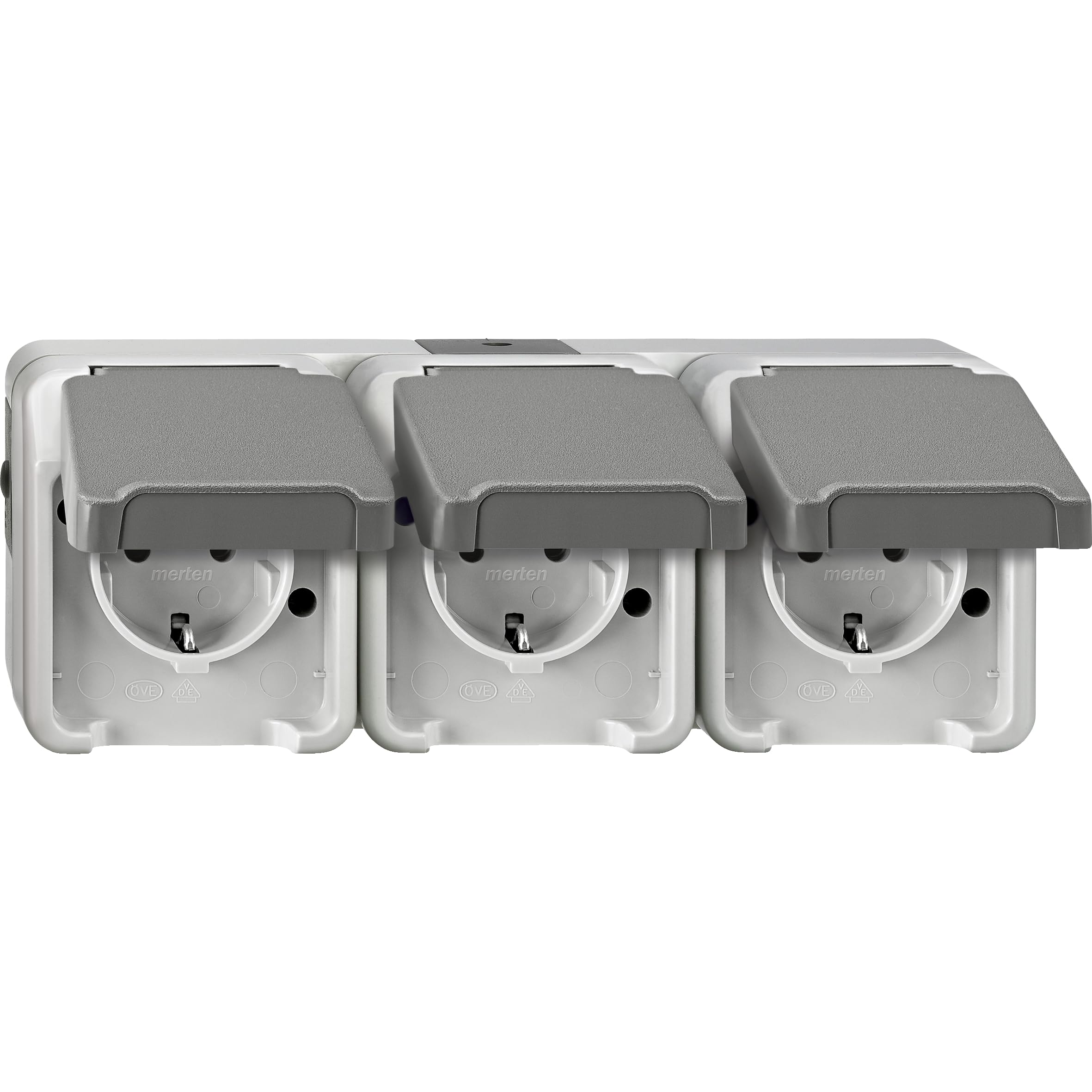 Schneider Electric Merten Schuko socket with hinged lid, 3-way, horizontal, IP44, Aquastar, item number MEG2391-8029