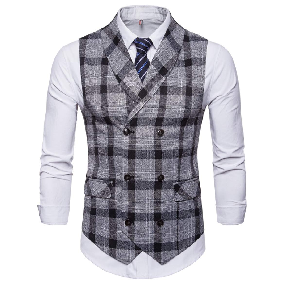 Sayah Mens Plus-Size Britain Casual Plaid Pattern Double-Breasted Suit Vest