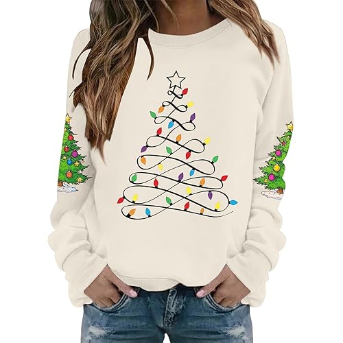 Ladies Winter Jumpers Christmas Ladies Tops Christmas Jumpers for Women Xmas Tree Printed Sweatshirts Long Sleeve Crewneck Sweaters Fashion Novelty Pullover Winter Fall Hoodies Beige S