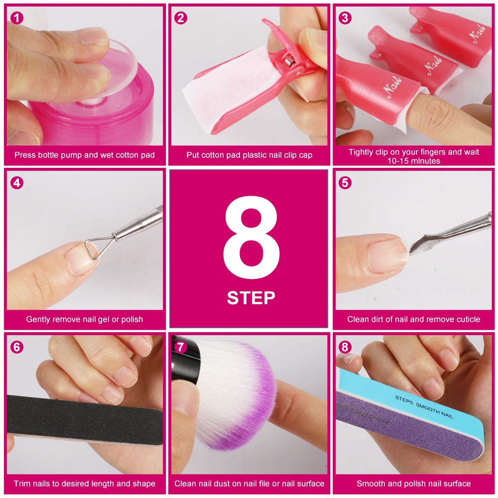 Nail Polish Gel Remover Tools Kit, YIMICOO 10pcs Nail Clips, 160ml Nail Polish Remover Bottle, 550pcs Cotton Pad, Triangle Cuticle Pusher, 4pcs 100/180 Nail Files, Buffer Blocks and Soft Brush : Beauty