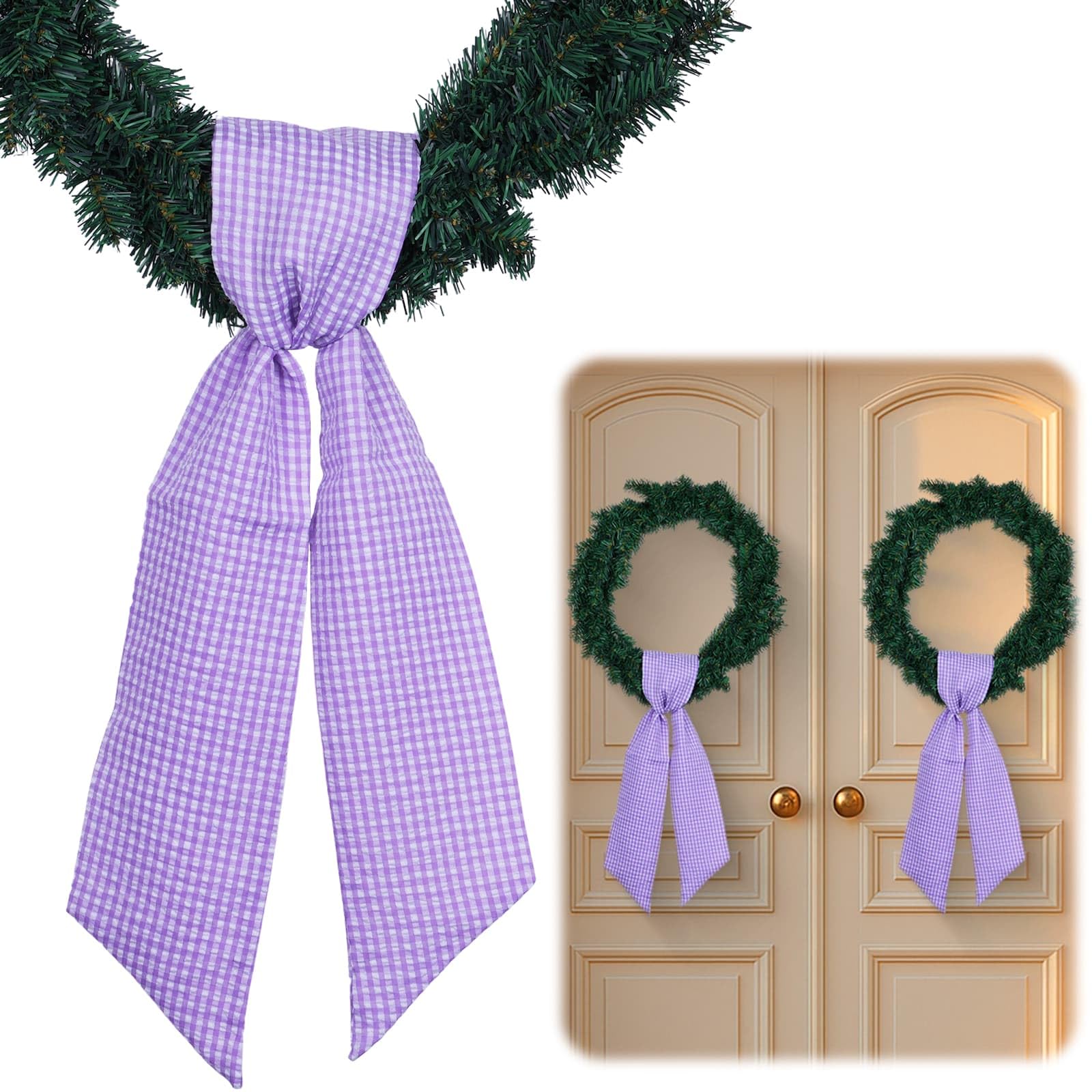 Photo 1 of NUVCELKA Purple Gingham Wreath Bow Set 2 Pack for Door Decoration, 5.12" Wide x 54.33" Each Easter Gift Bundle Elegant Farmhouse Ribbon Sash Pair
