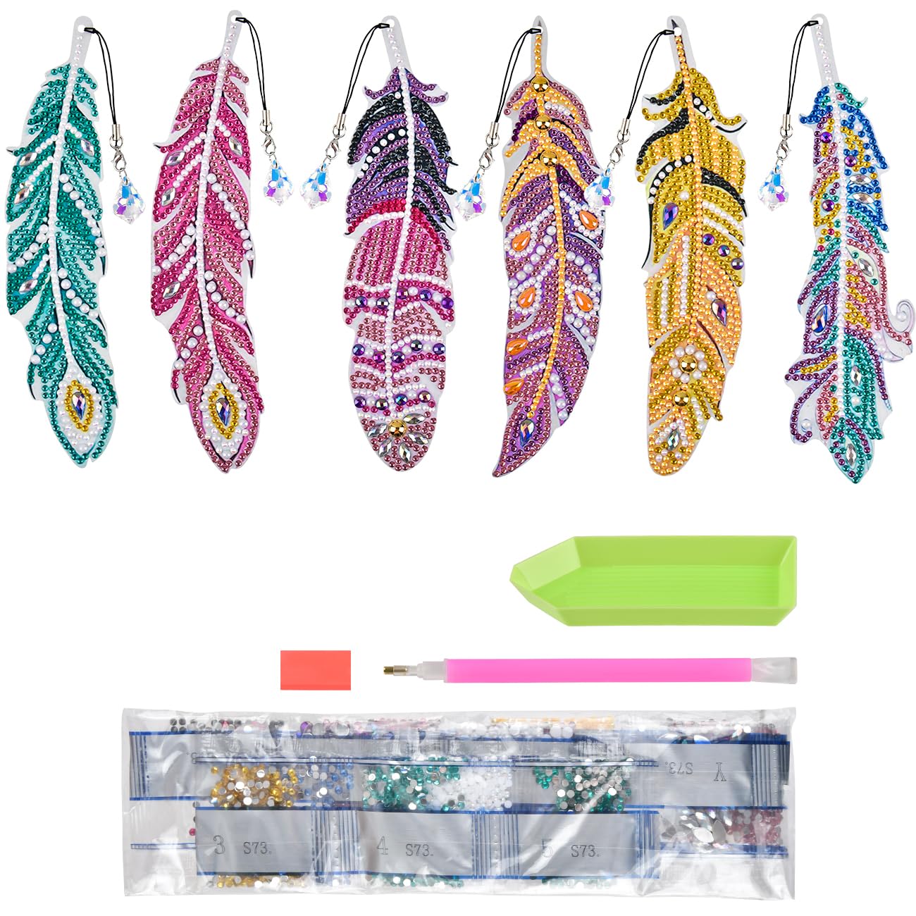 FOCCTS 5D Diamond Painting Bookmarks - 6 Piece DIY Double-Sided Feather Rhinestone Bookmarks by Number Arts and Crafts Gift