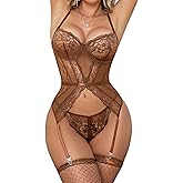 Aranmei Women's Sexy Lace Teddy Bodysuit Floral Garter Lingerie with Panties and Stockings,S-XXL