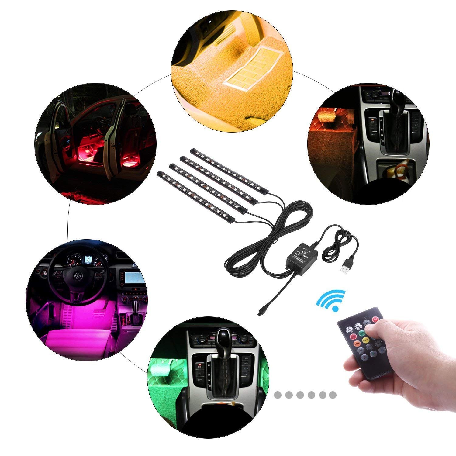 Guaiboshi Luz Interior Coche 4 Piezas 48 lámparas USB Auto Interior Atmósfera Iluminación Ambiente Tira de Luz Impermeable IP65 Música Activada kit