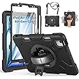 SUPFIVES Case for iPad Air 11 Inch 2025/2024 (7th Gen),iPad Pro 11 2022/2020,iPad Air 10.9 with Screen Protector/Pencil Holder/Rotating Kickstand/Hand Strap/Shoulder Strap, Black