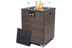 Senjoys 22in Outdoor Propane Gas Fire Pit Table, 40,000 BTU Auto-Ignition Gas Firepit with Glass Wind Guard, Painted Steel Tabletop, Mixed Color Glass Rocks, Brown PE Rattan