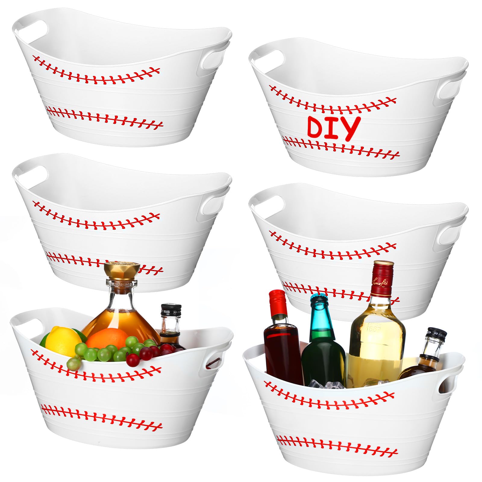 Photo 1 of Teenyyou 6 Pcs White Baseball Plastic Ice Bucket Drink Cooler Bulk 4.5l Oval Storage Basket Tub with Handles for Summer Sport Birthday Party Decoration Supplies