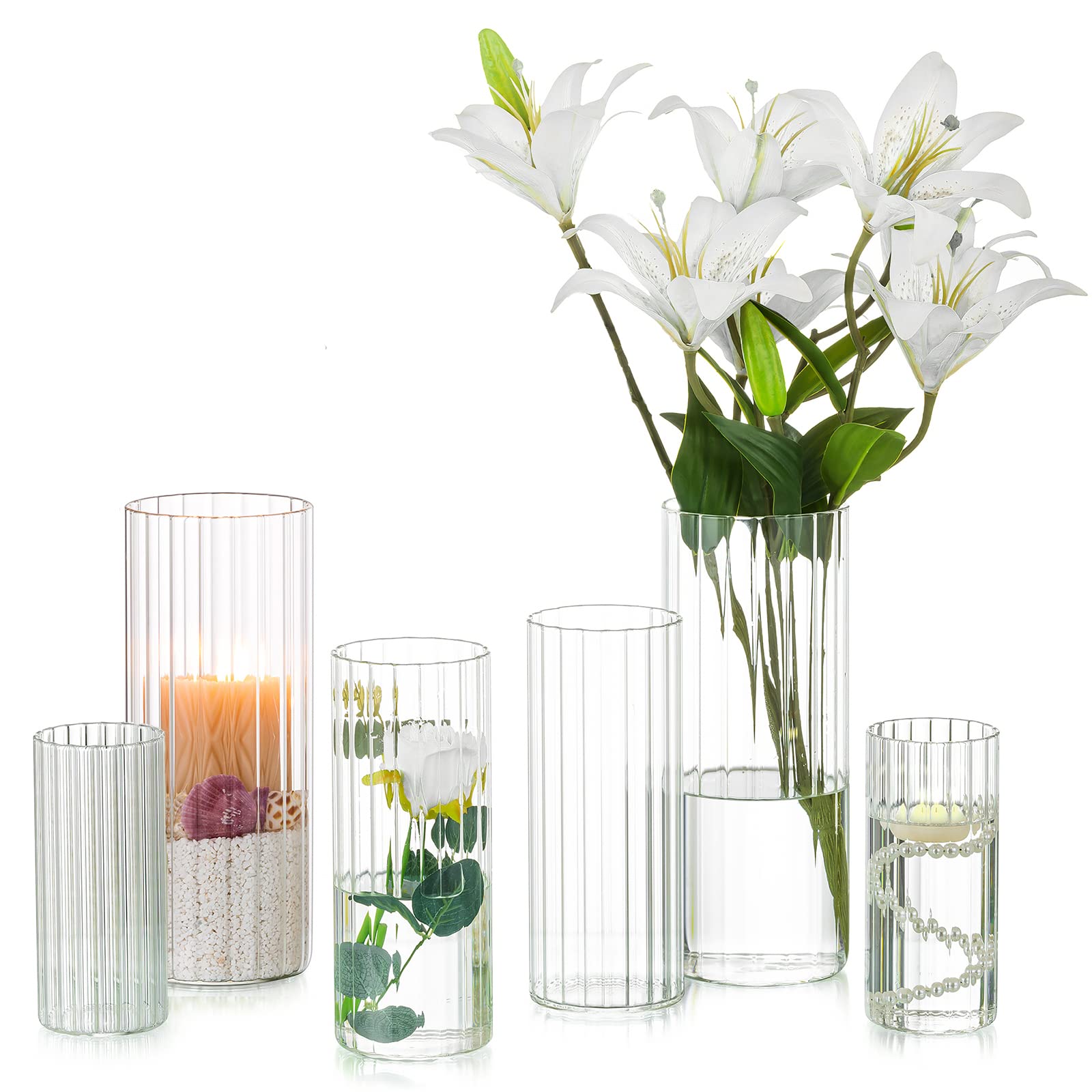 Photo 1 of Hewory Glass Cylinder Ribbed Vases Set of 6, Tall Clear Vase for Centerpieces, Hurricane Candle Holders for Pillar or Floating Candles, Round Vases for Wedding Anniversary Events Home Table Decor