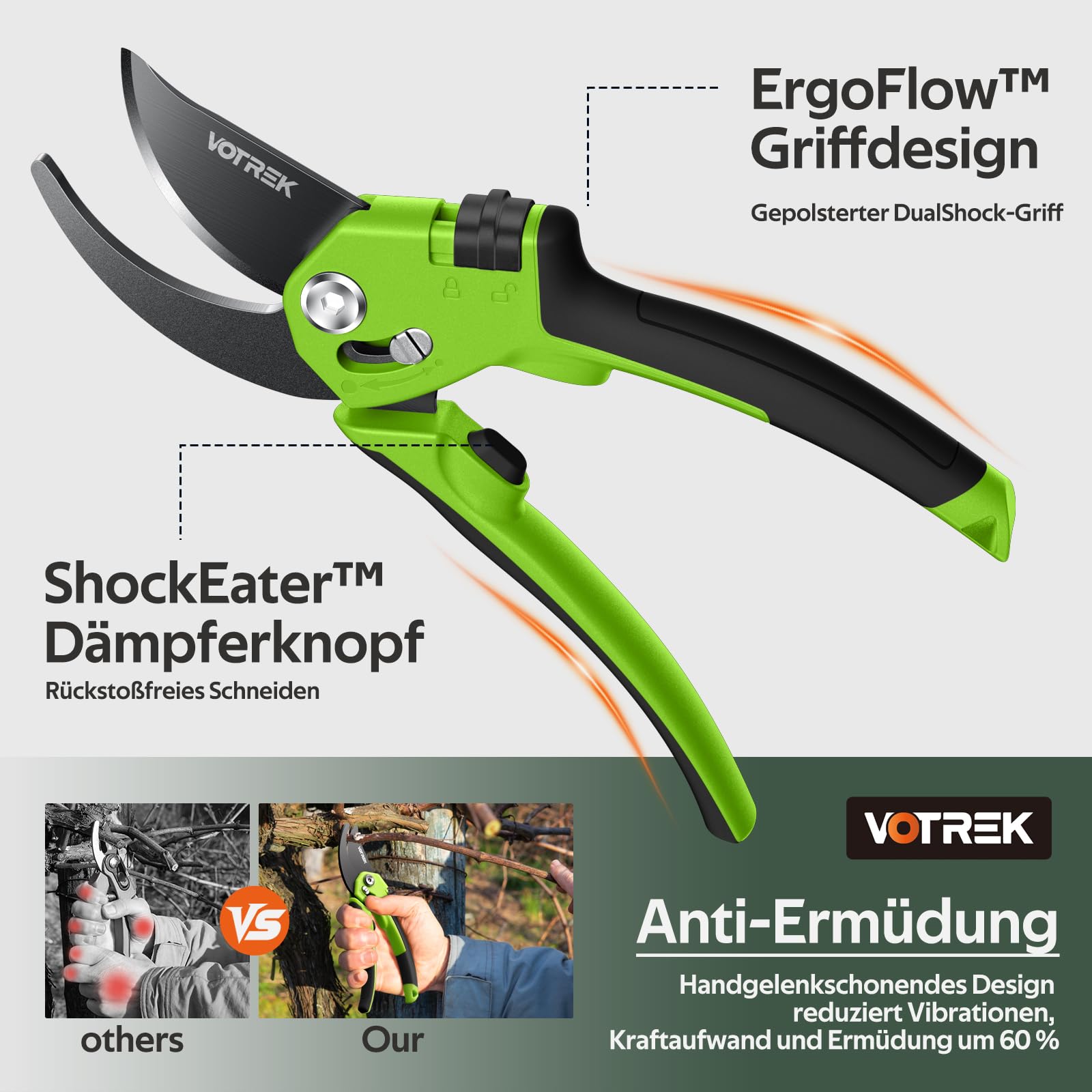 VOTREK 8,5" Bypass-Gartenschere mit stufenloser Grifföffnung, Profi-Rosenschere & Baumschere mit SK5-Stahl und interner Feder für müheloses Schneiden – ideal bei schwacher Handkraft.【Armband】 Geschenk 5