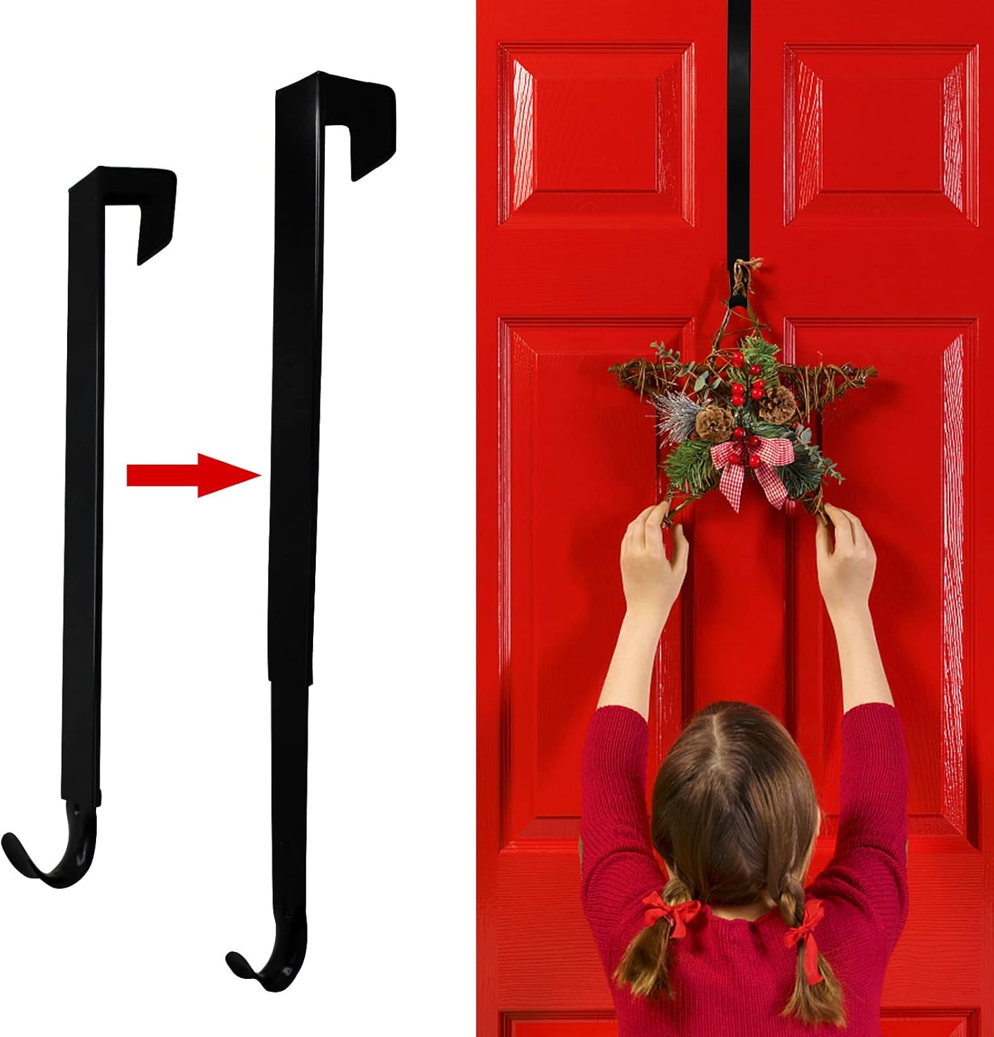 Wreath Hangers - Wreath Hangers for Front Door, Adjustable Wreath Hanger from 15 to 25 inch Over The Door Hooks Non-Scratch for Christmas Wreath Door Decor