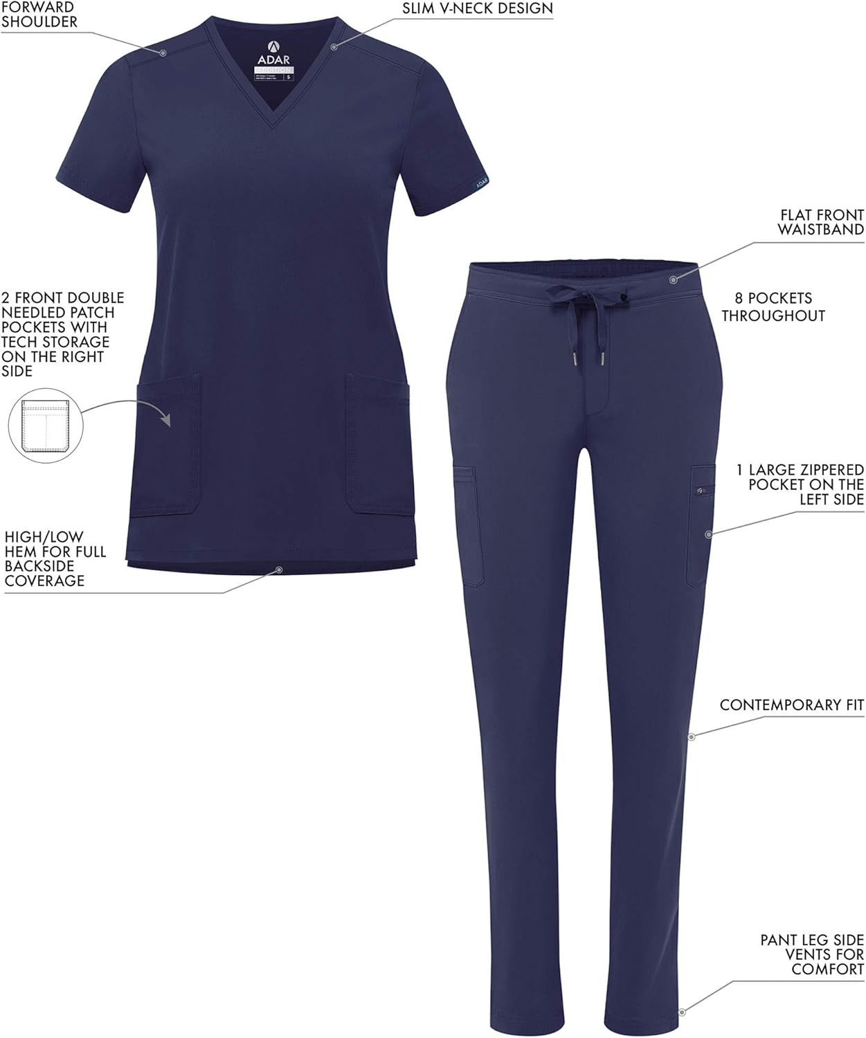 Adar Addition Go-Basic Scrub Set for Women - Slim V-Neck Scrub Top & Skinny Cargo Scrub Pants: Clothing