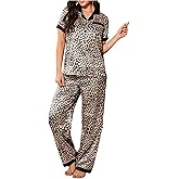 WDIRARA Women's Leopard Print Satin Pajama Set Short Sleeve Button Down Pants Pjs Set 2 Piece Sleepwear