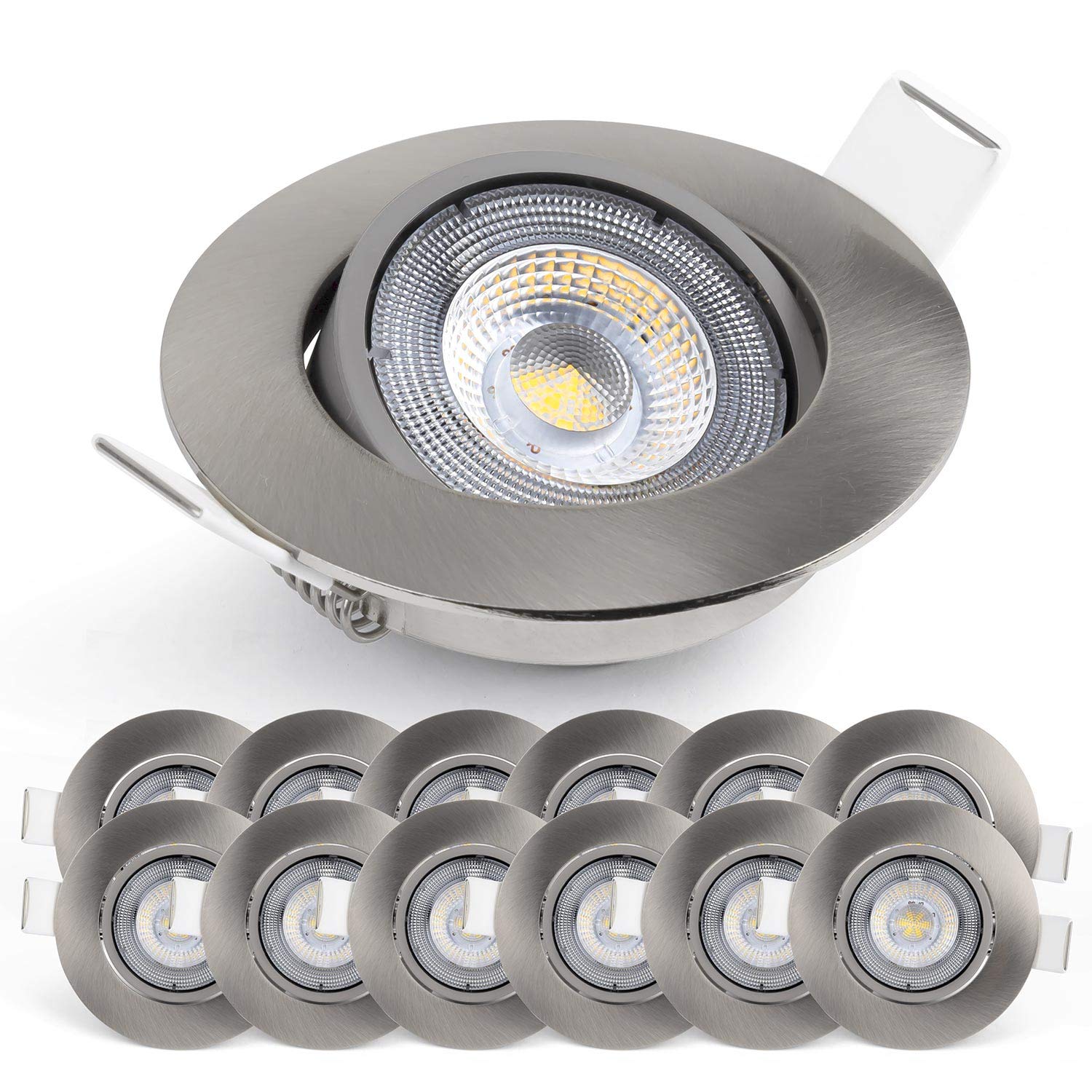 EMOS LED Spot Lights Ceiling Round 5W / 450lm, 6500K Cold White | 50° Tilt Swivel Recessed Ceiling Lights, Ultra Slim | Pack of 12 Recessed LED Downlights for Ceiling, Mains Powered, Brushed Silver