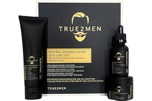 TRUE2MEN - Natural Skincare Set For Men with Daily Face Cleanser(100ml), Vitamin C Serum(30ml), Shea Butter Moisturizer(60ml)