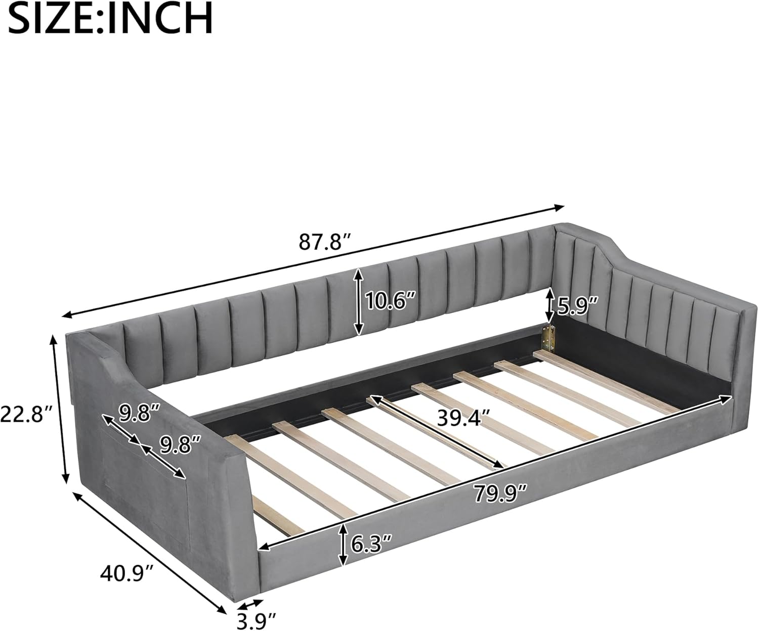 Diagram showing dimensions of the Twin XL daybed frame