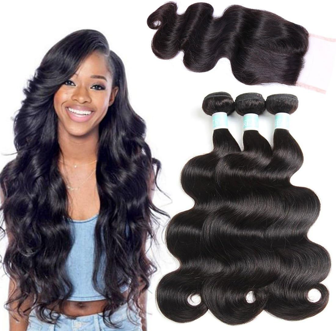 ANNELBEL Brazilian Virgin Hair Body Wave Bundles with Closure, Unprocessed Human Hair Body Wave 3 Bundles with Free Part Closure for Black Women, Natural Black (14 16 18+12) Inches