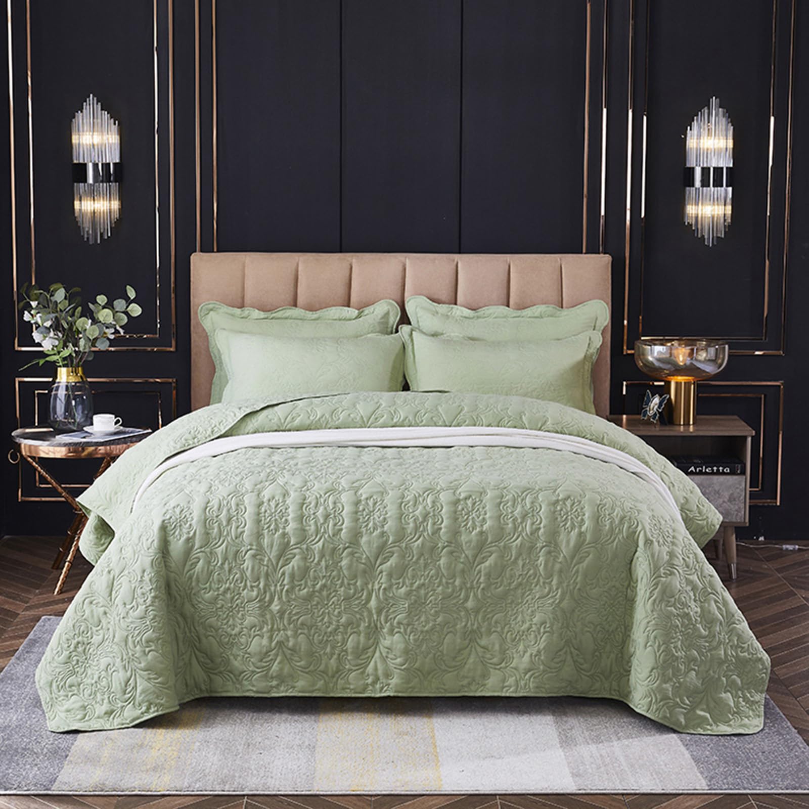 OKYUK 3-Piece Queen Quilt Set Quilted Bedspread Oversized Microfiber Lightweight Coverlet Set with Shams Reversible Printed Coverlet Bedding Set for All Season,220x240cm (Green, 220 * 240cm)