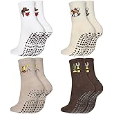 Jeyiour 4 Pairs Western Cowgirl Pilates Grip Socks Gift for Women Embroidery Cute Socks with Grips Non Slip Yoga Barre Crew