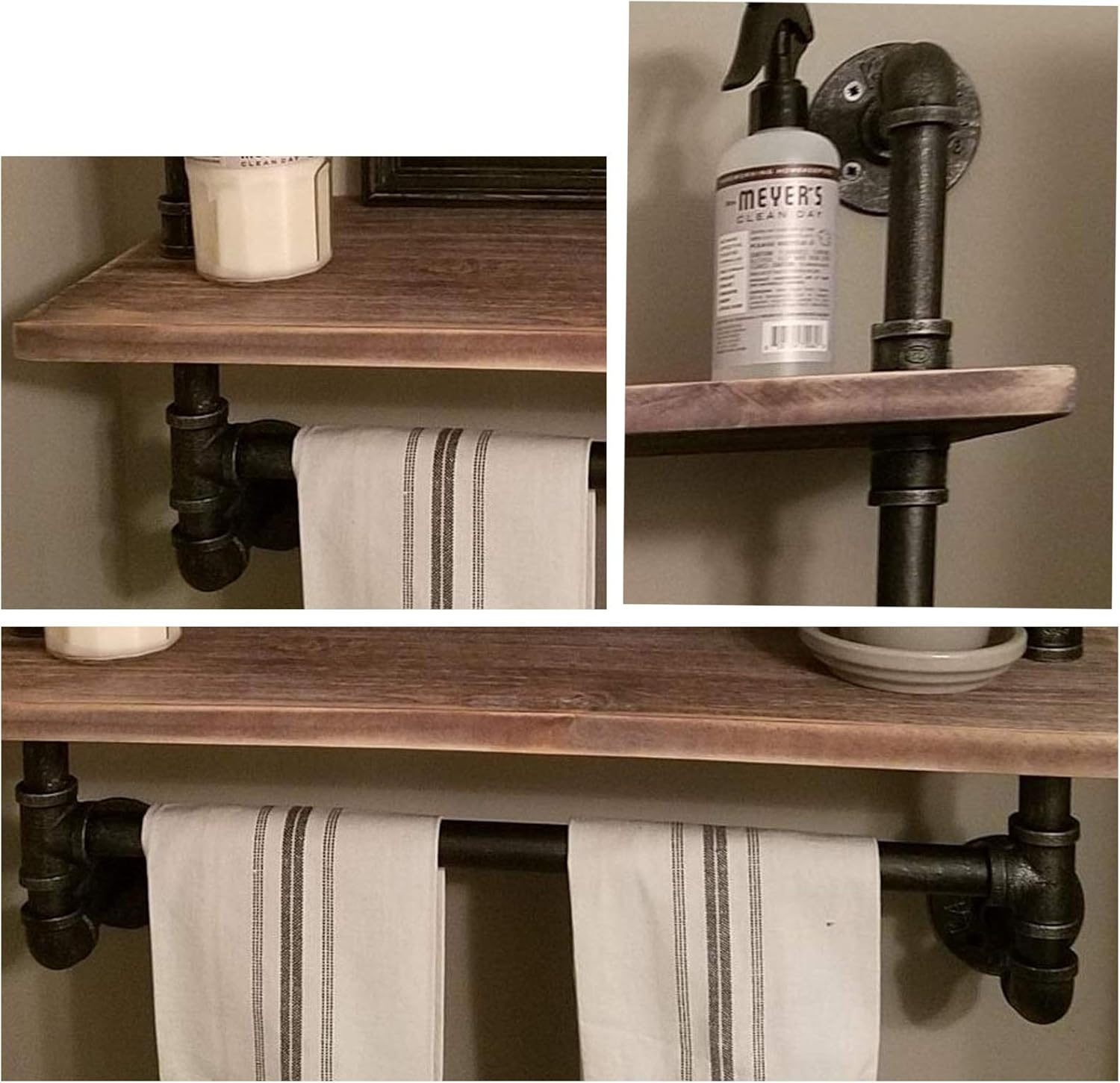 Industrial Pipe Shelf, Rustic Wall Shelf with Towel Bar, 24" Towel Racks for Bathroom, 3-Layer Pipe Shelves Wood Shelf Shelving (3-Layer) - - 