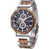 IK COLOURING Men's Wooden Watches, Multifuctional Quartz Chronograph & Date Display Watch for Men Handmade Wood Wrist Watch Luminous Stylish Casual Lightweight Wood & Stainless Steel Male Watch