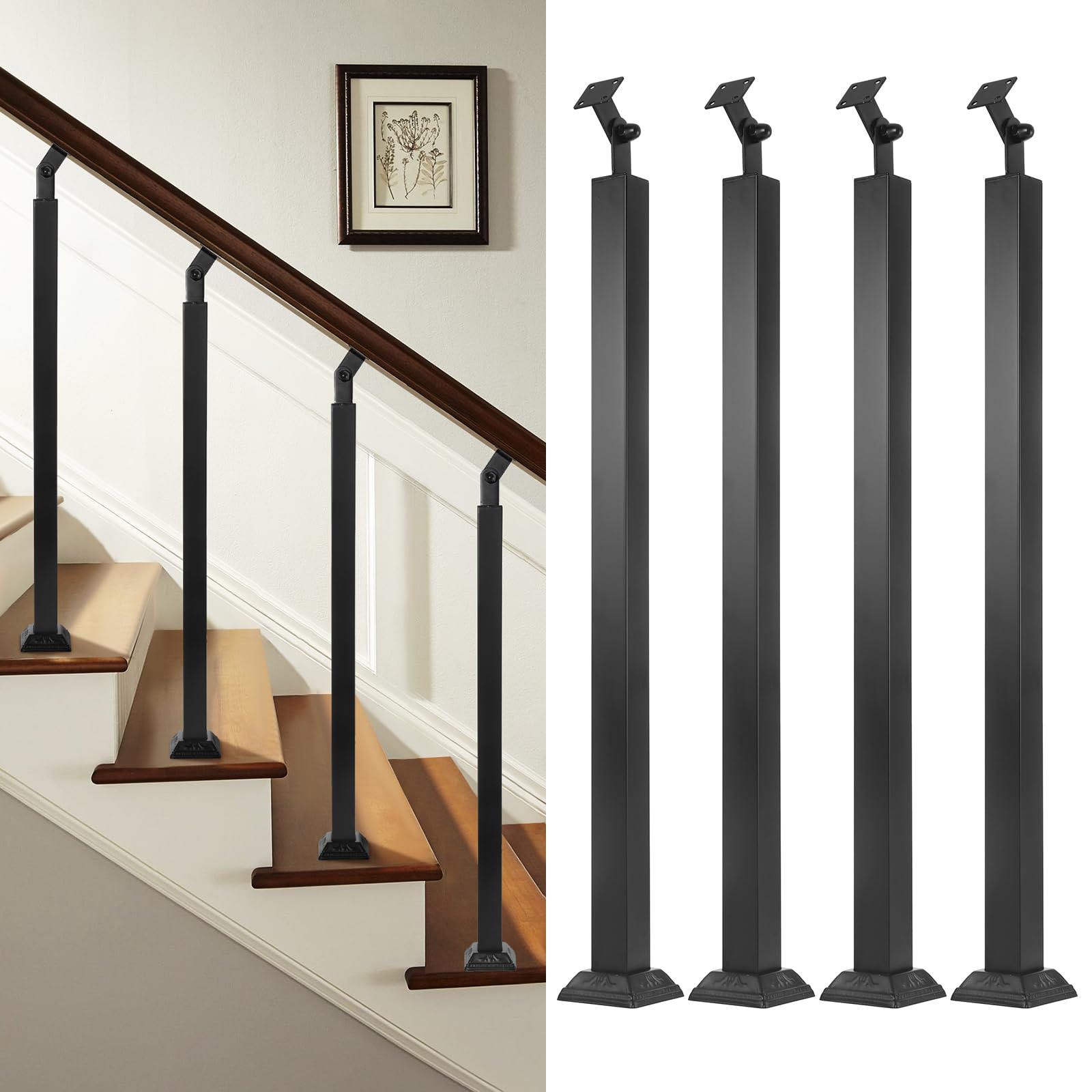 Photo 1 of **MISSING ONE BASEPLATE AND HARDWARE**WICHEMI 4 Pack Stairs Railing Posts, 33.5" Black Square Iron Baluster Indoor Outdoor, 270° Adjustable Spindles for Deck Steps Balcony