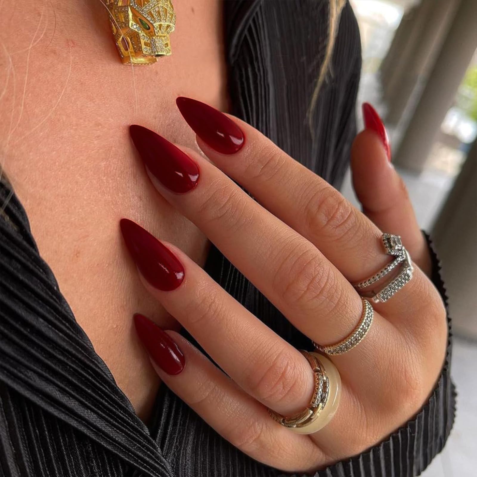 Photo 1 of YOSOMK Medium Press On Almond Burgundy Red Fake Nails with Designs - Fall Acrylic Glossy Glue On Artificial Nails for Women and Girls