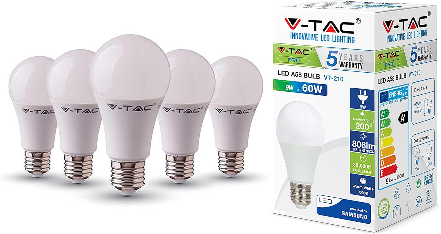 V-TAC 9W LED A58 Bulb, White, 5 Count (Pack of 1)