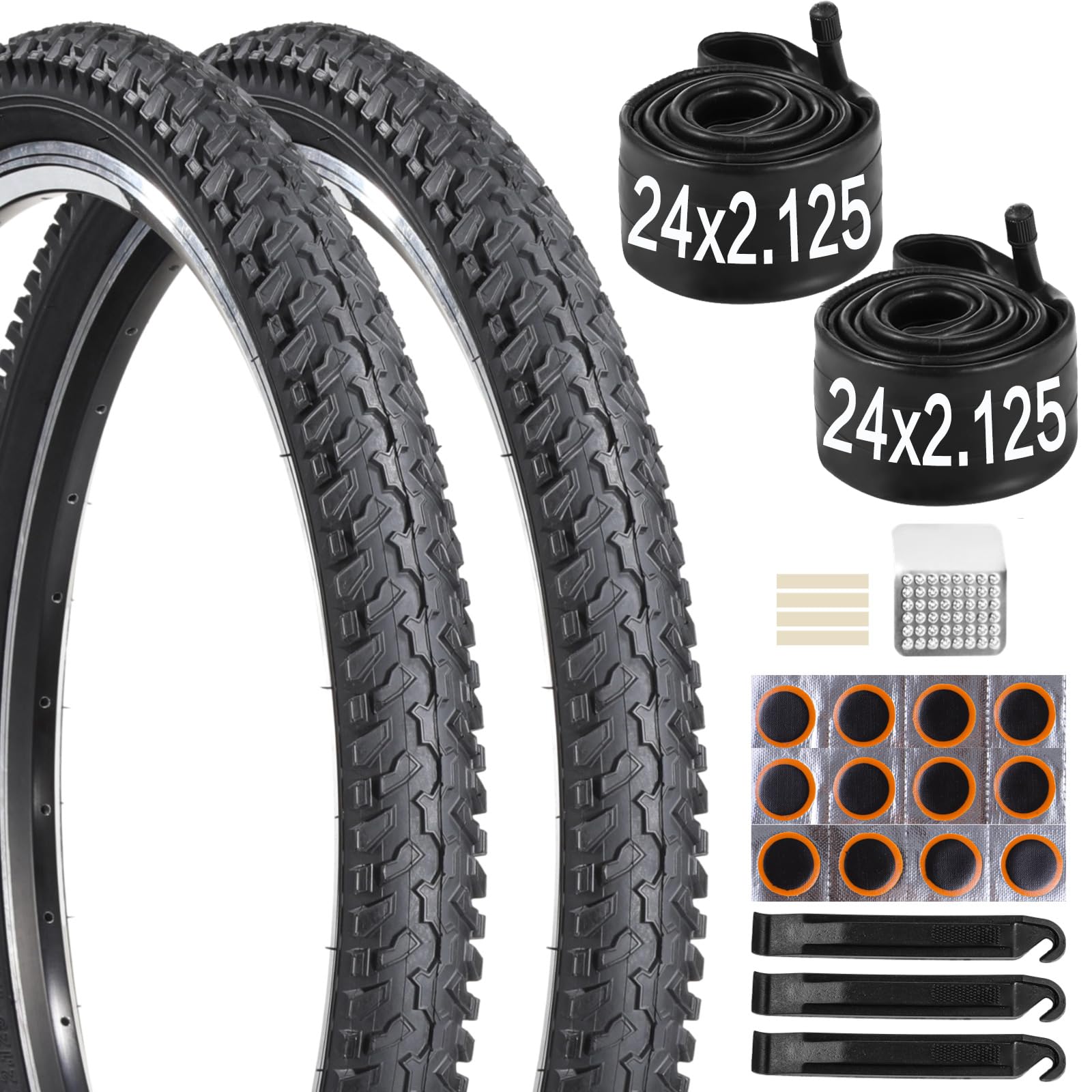 yeesport Fahrradreifen 24 Zoll Set – 2 Stück 57-507 24x2.125 Mantel & 24x1.95-2.125 Schlauch mit AV 35mm & Reparaturkit, 24 Zoll Faltbare MTB-Reifen für Mountainbike, Tragbar und Ersetzbar