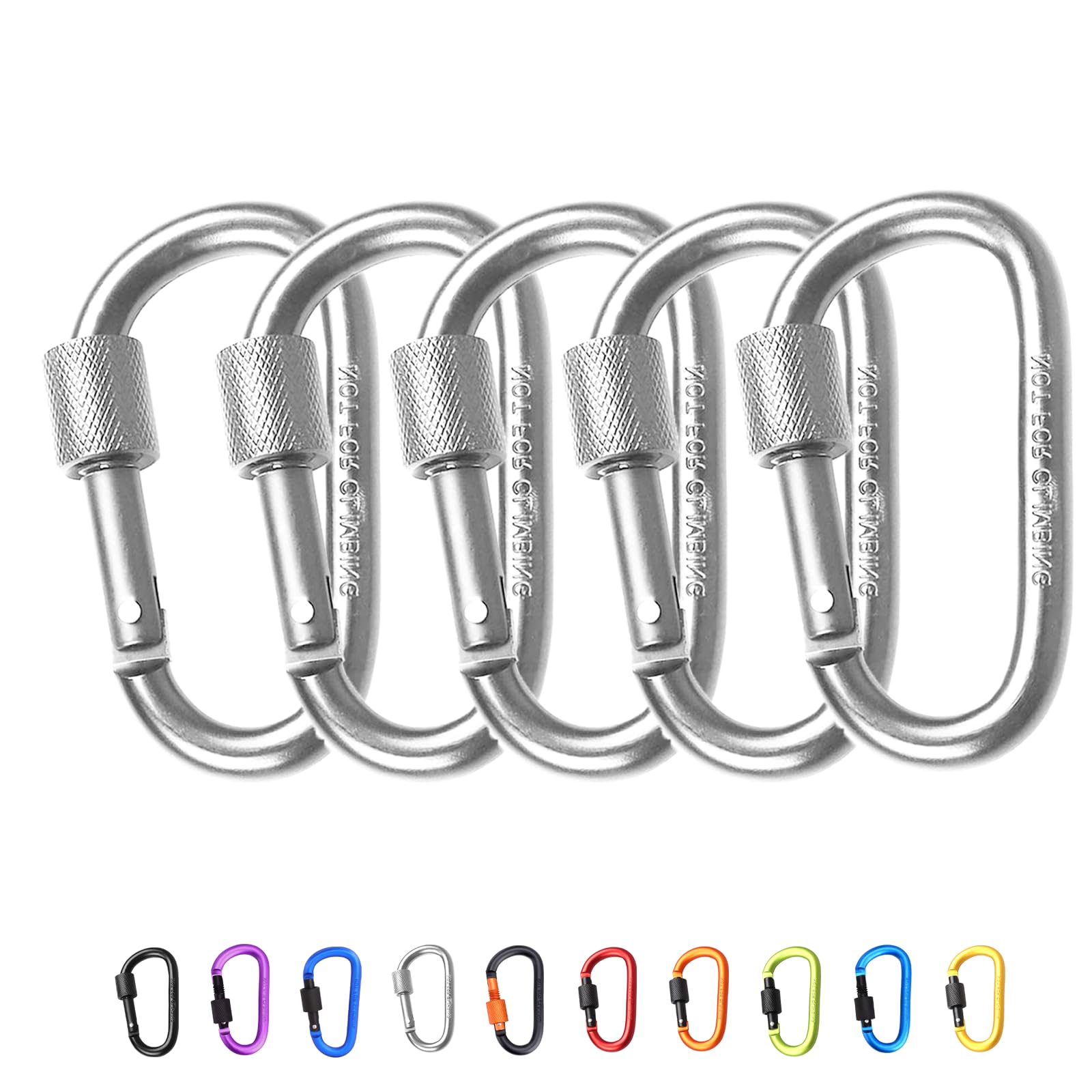 5Pcs Carabiner Clip Locking Carabiner, 7.8cm/3inch Silver Aluminum Alloy D-Ring Carabiners Key Locking Key Chain Clip Hook for Camping, Hiking, Traveling, Fishing, Backpack Keychains Keyring Outdoor