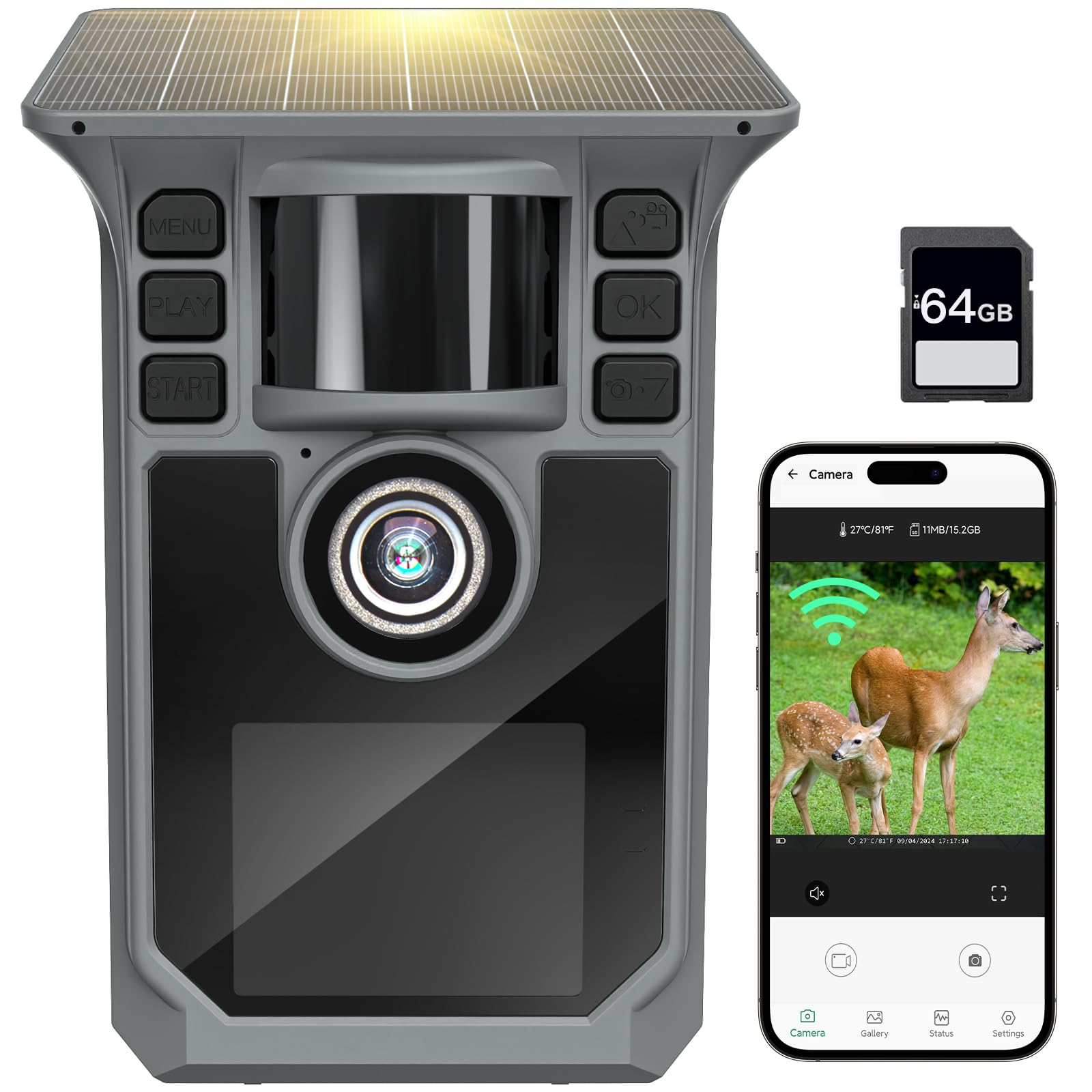 Hrivcam Trail Camera 4K 64MP WiFi Solar Game Camera, 5000mAh Forever Power, 64GB Memory Card and Ip67 Waterproof Night Vision Trail Cam for Outdoor Wildlife Detection, Monitoring Trail Cameras
