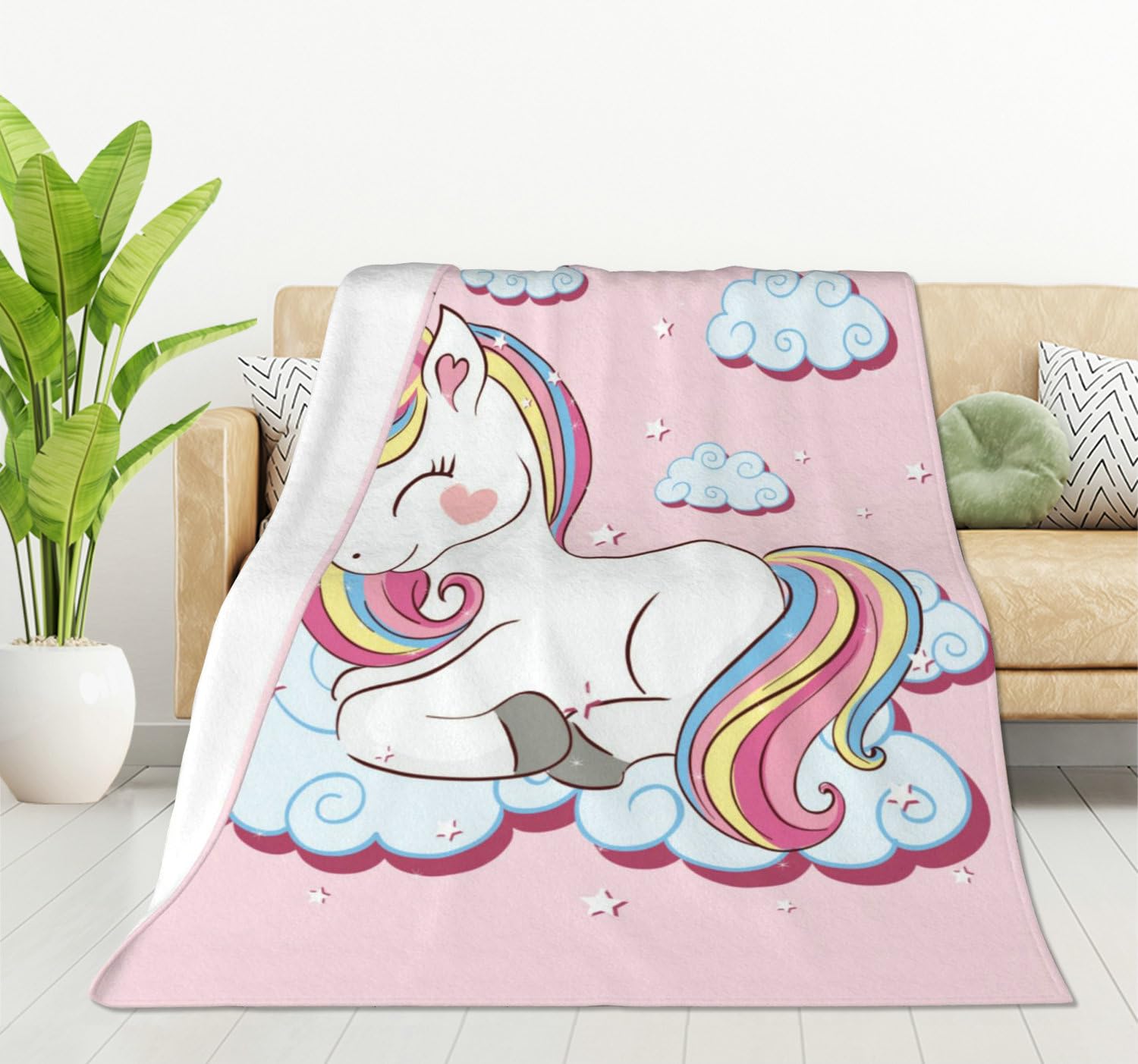 HGOD DESIGNS Unicorn Blanket Smooth Soft Animal Rainbow Hair Cloud Stars Print Throw Blanket for Sofa Chair Bed Office 130x150cm