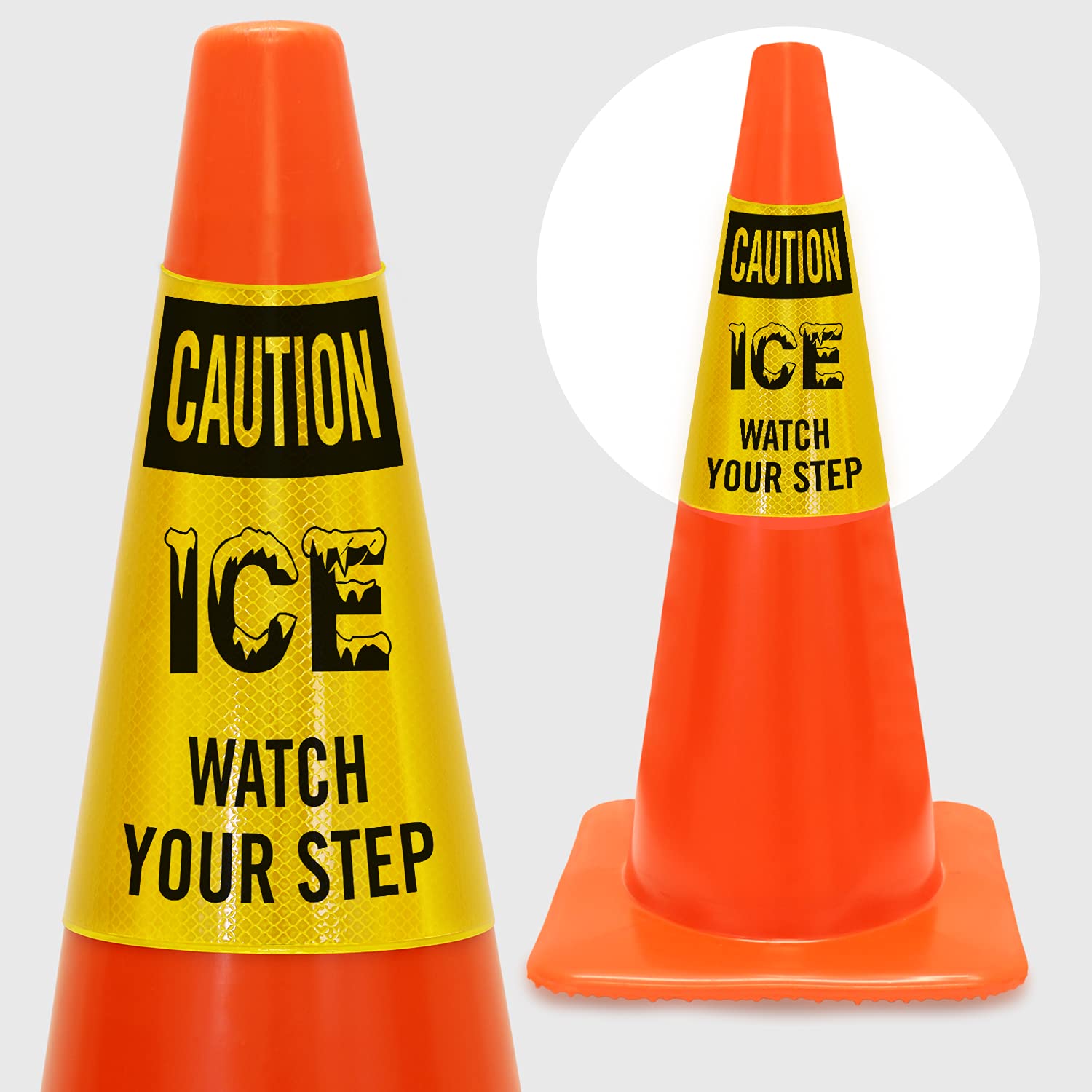 Photo 1 of SmartSign “Caution - Ice, Watch Your Step” Cone Message Collar/Sleeve, Prismatic Reflective Vinyl, 3-Side Printing, Black and Yellow (Cone Not Included), Made in USA