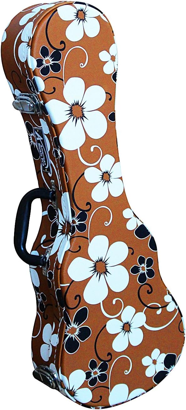 Concert Ukulele Hardshell Case with Plush Interior and Storage - Brown with White Flowers