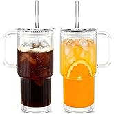 Snextek 18oz Glass Tumbler with Handle, Glass Lid & Straw, 2-Piece Set, Thickened Glass Cups for Iced Coffee, Smoothies, Cocktails, Home Office Travel (Ribbed)
