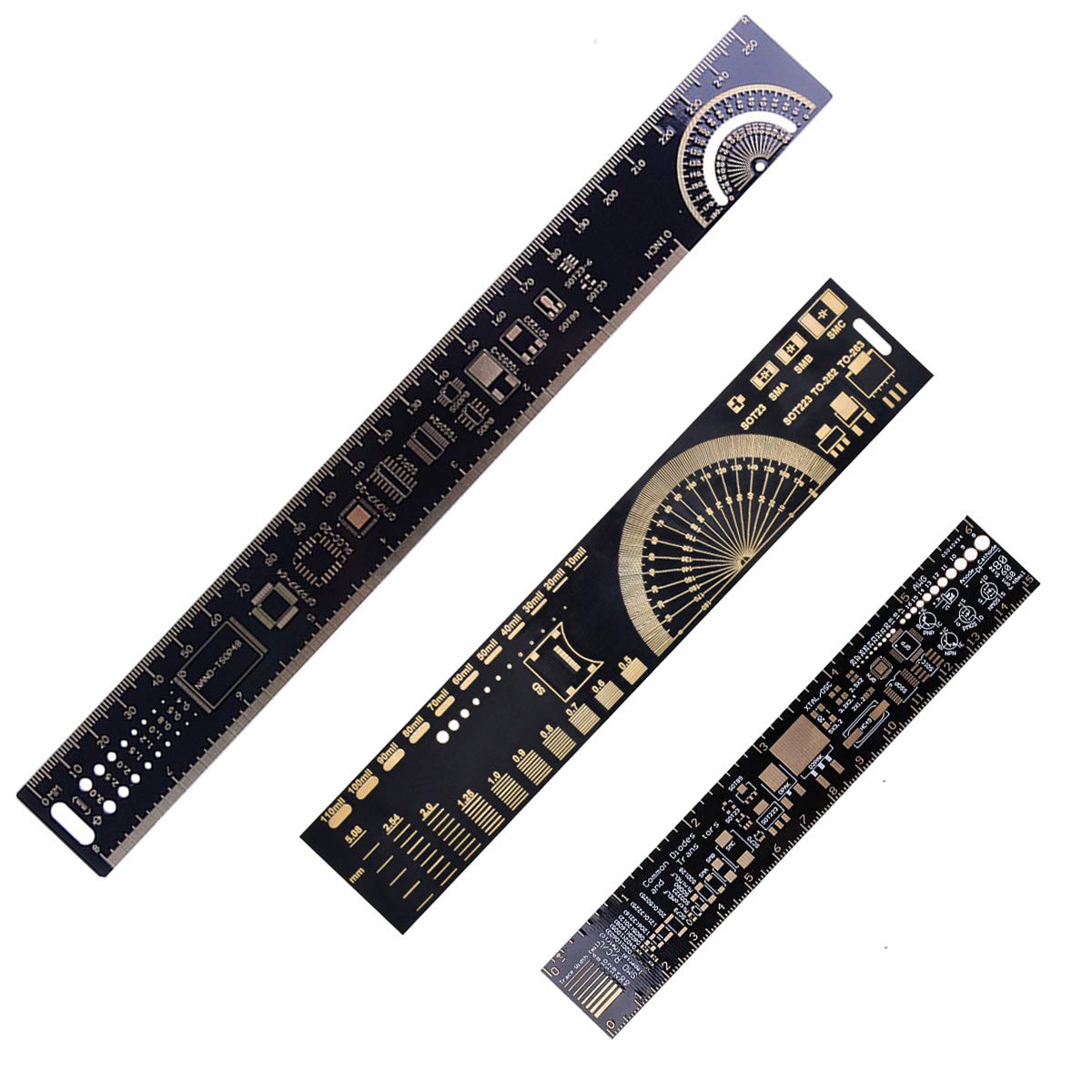 Youmile 3Pack/1Set PCB Ruler 25cm/10 Inch 20cm/7inch 15cm/6inch 3Sizes 3Types Multifunctional PCB Ruler Measuring Tool Resistor Capacitor Chip IC DIY Kit for Arduino Electronic Engineers/Makers