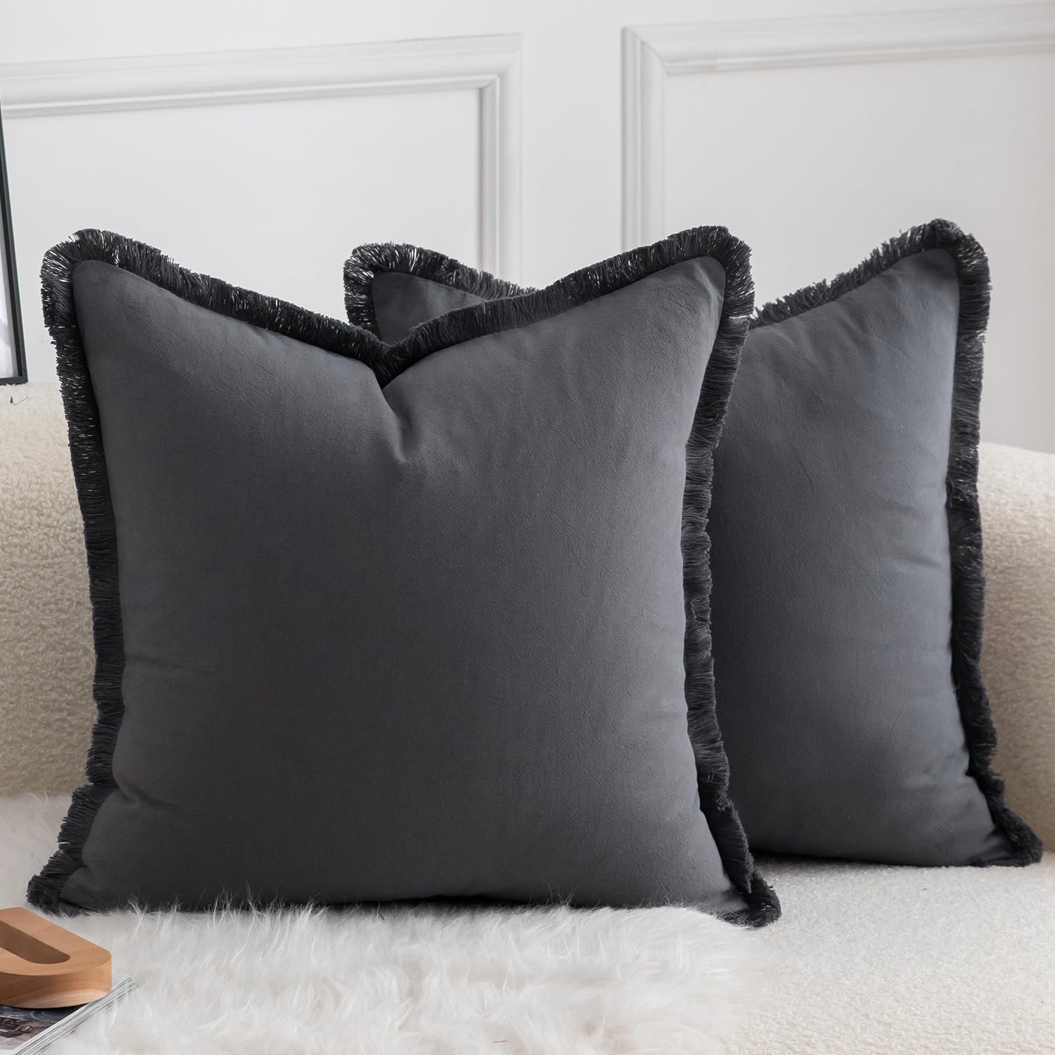 Mandioo Set of 2 Neutral Cotton Fringe Cushion Covers 40x40 cm 16x16 inch Decorative Boho Farmhouse Throw Pillowcase Cozy Tassels for Couch Sofa Bedroom Living Room Home Decor Gray