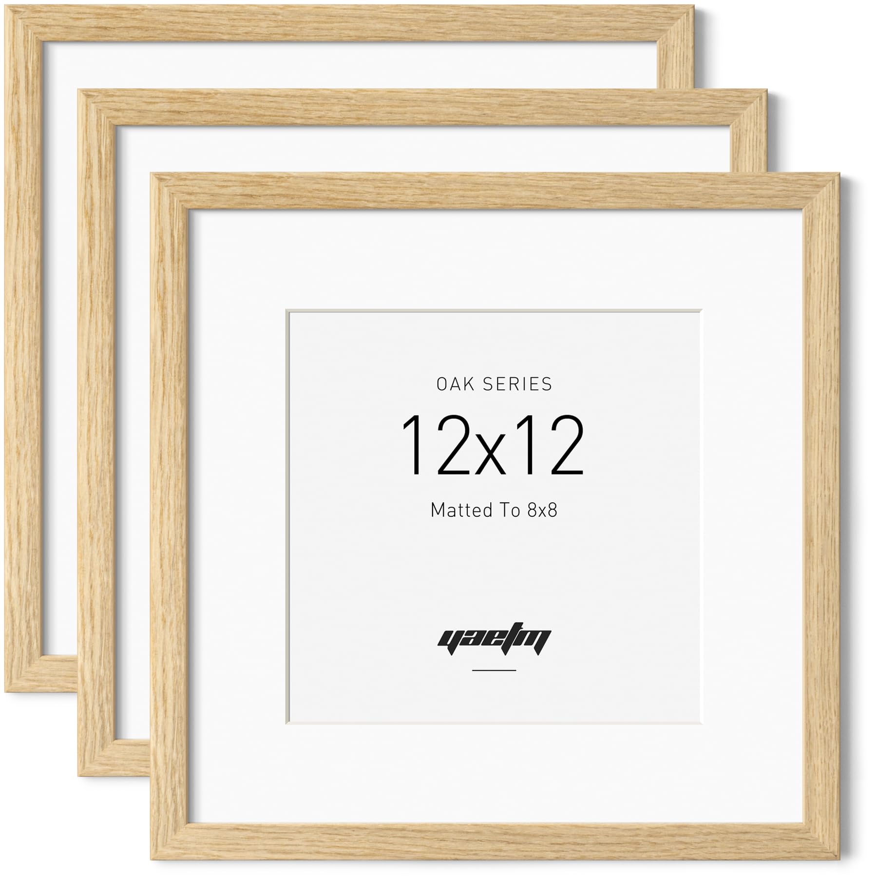 Photo 1 of Yaetm Oak Wood 12x12 Picture Frame with Mat for 8x8 Set of 3, Natural Solid Wood 12x12 Square Frame with Tempered Glass for Wall mount (3 Pack, Oak)