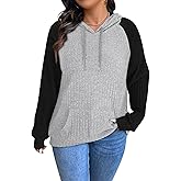 Koscacy Womens Plus Size Hoodie Sweaters Lightweight Color Block Raglan Sleeve Pullover Tops