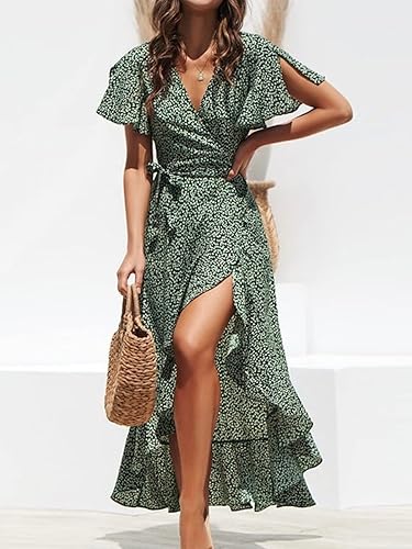 CUPSHE Women's Summer Wrap Maxi Dress Casual Split Flared Short Sleeve Tie  Waist Ruffle Beach Dress, S Green F