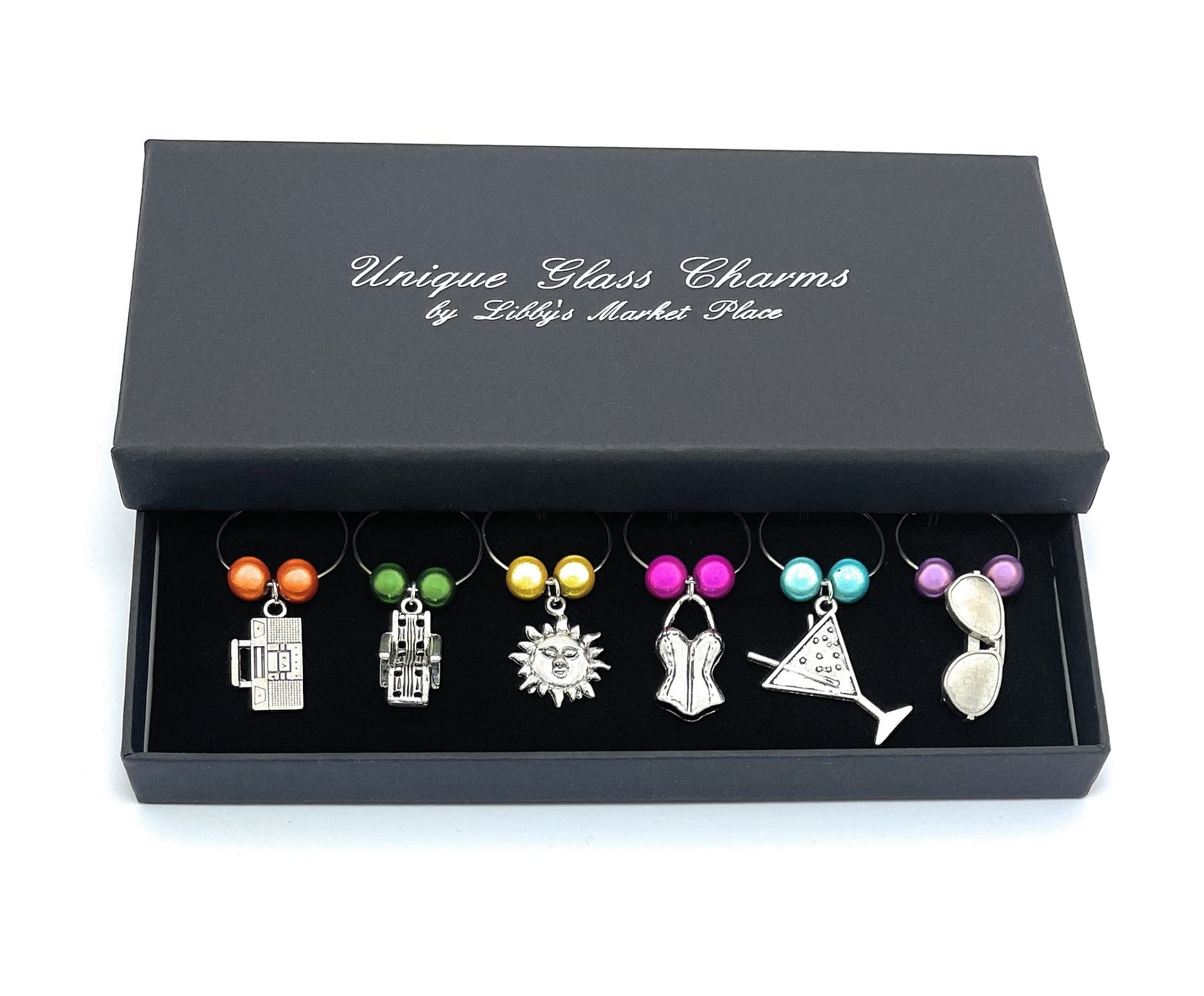 Libby's Market Place Set of 6 Summer Time Party Wine Glass Charms with Gift Box