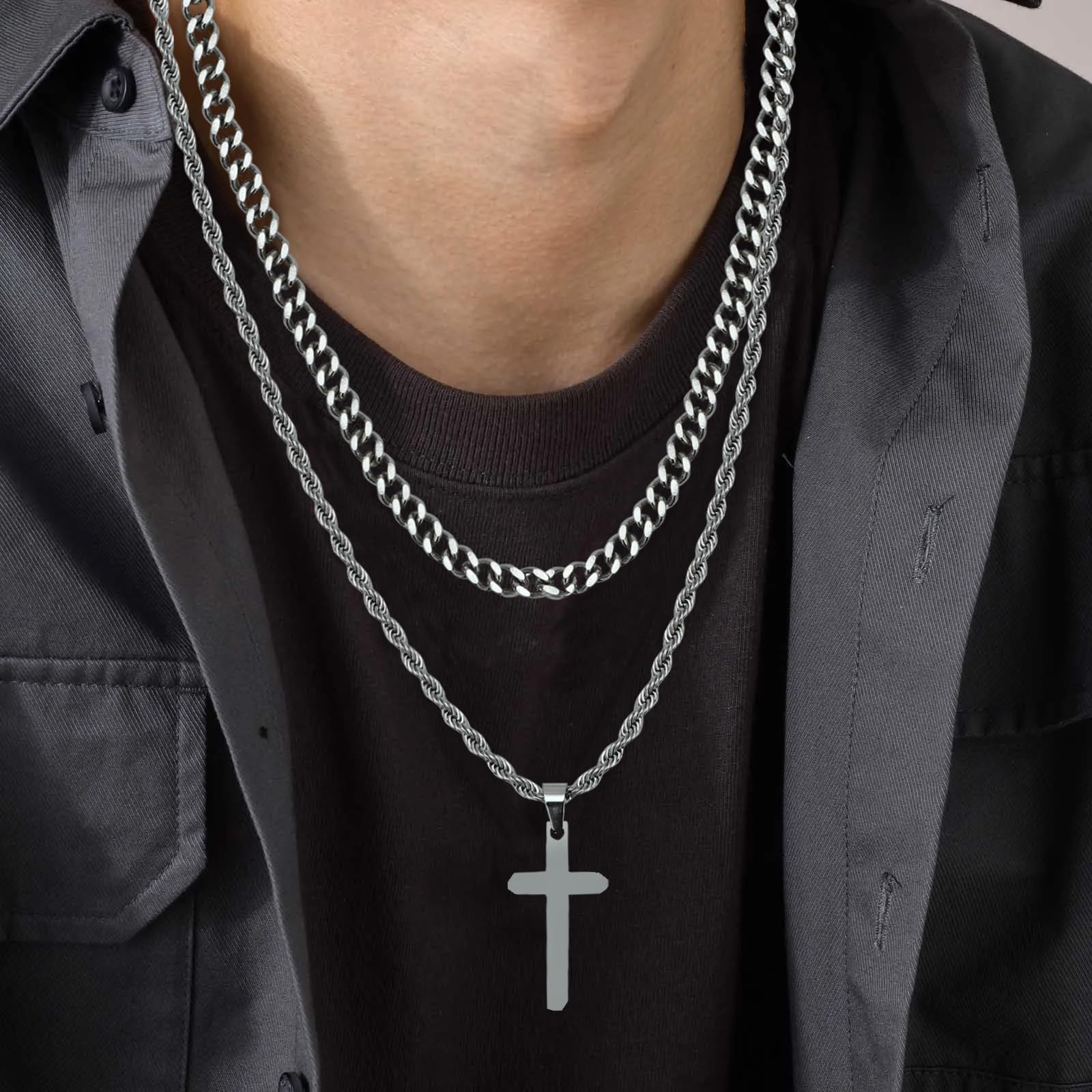 NEWITIN 15 Pieces Silver Jewelry Set for Men Stainless Steel Cuban Link Necklace Bracelet Cross Pendant Necklace Vintage Ring Cuban Jewelry Set for Men Women