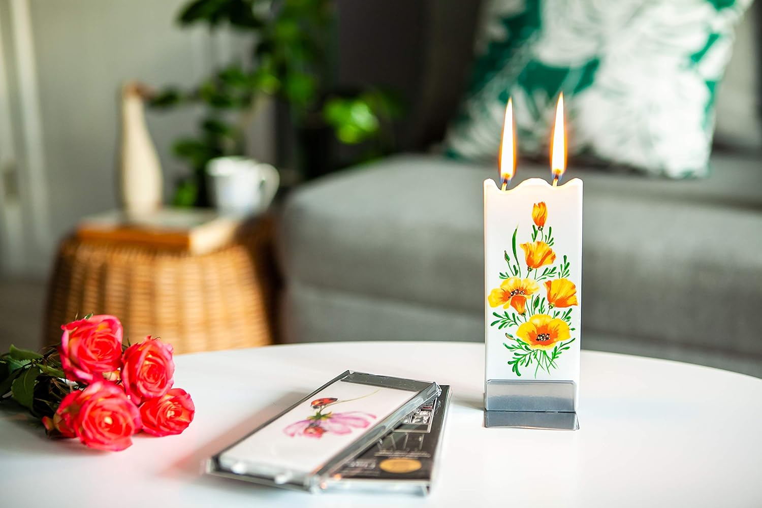 Flatyz Hand Painted Flat Candle| Unscented, Dripless, Smokeless, Decorative | Purple Lilac | Double Wick with Metal Base | Unique Gift Idea and Home Décor Accent: Home & Kitchen